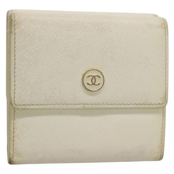 CHANEL Bifold Wallet Leather White Gold CC Auth - Picture 1 of 16